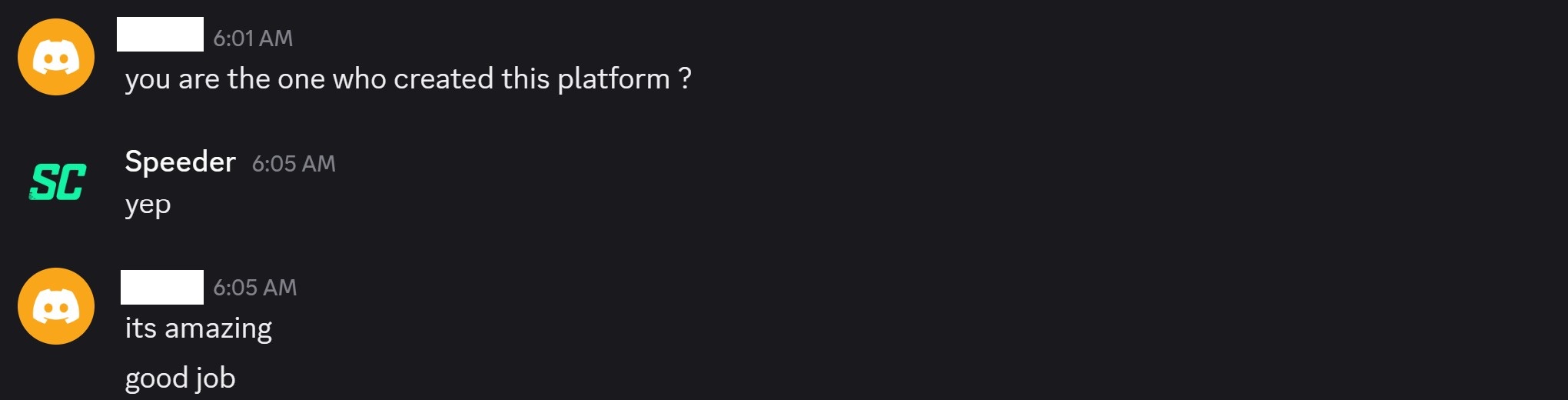Screenshot 20260518 081217 Speeder Cheats Discord chat screenshot user asks who created the platform another replies yep then its amazing good job