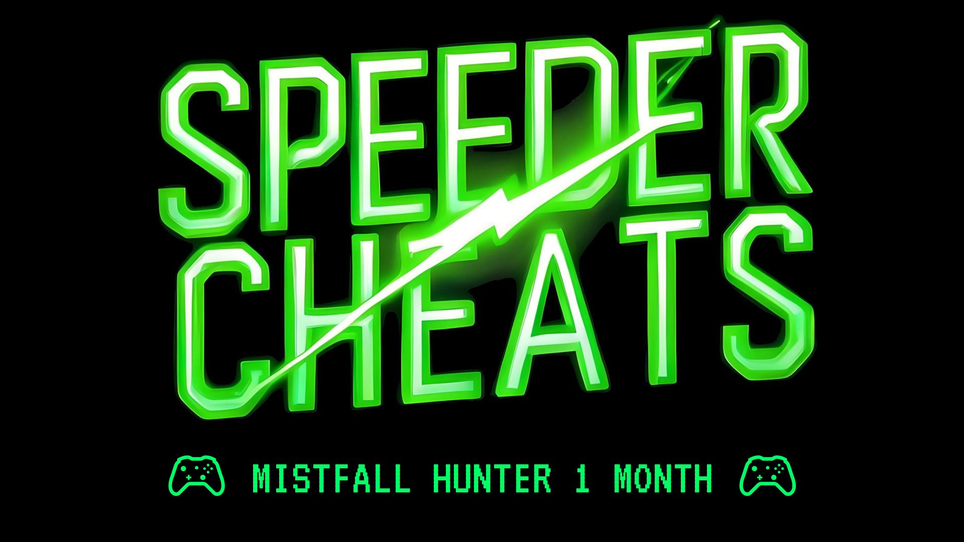 Neon green Speedrun Cheats banner on a black background with a white diagonal streak and small green game controller icons bottom text reads Mistfall Hunter 1 Month