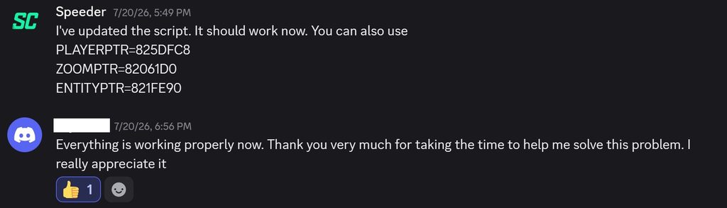 Screenshot 20260801 045405 Speeder Cheats Discord chat in dark mode first message about updating the script with PLAYERPTR ZOOMMPTR ENTITYPTR second message thanking for help