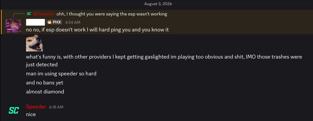 Screenshot 20260803 061825 Speeder Cheats Dark chat thread about ESP not working and bans with avatars and multiple messages about cheating software and ranking up near diamond