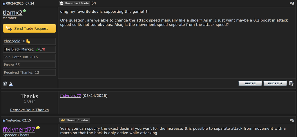 Screenshot 20260826 013312 Speeder Cheats Forum post in a dark themed thread user tlmx2 asks about dev support and manually changing attack speed with a slider