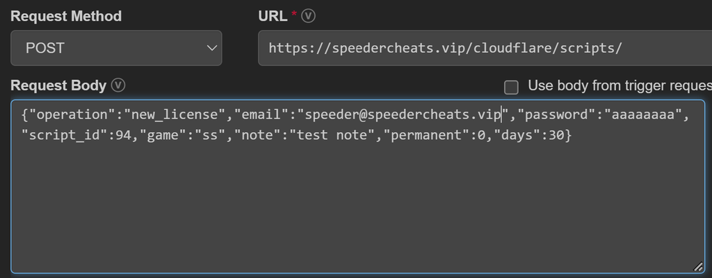 API request editor POST method target URL and a JSON body with operation email password script id game note permanent and days