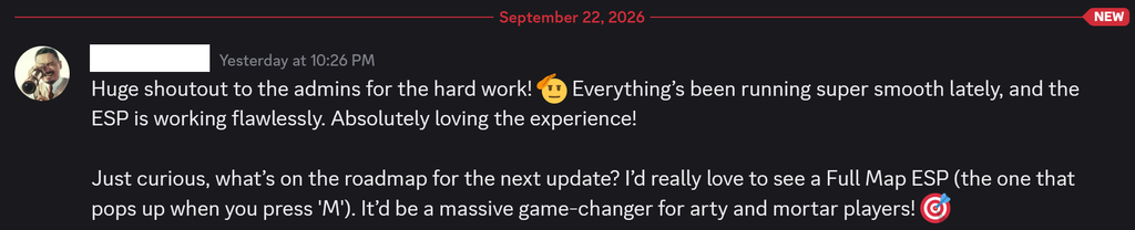 Screenshot 20260923 043201 Speeder Cheats Social post praising admins for smooth ESP and asking about future roadmap including a Full Map ESP request date September 22 2026 and a NEW badge