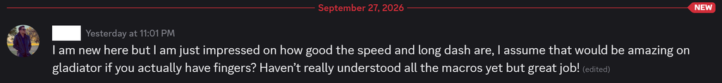 Screenshot 20260928 034728 Speeder Cheats Dark mode social feed post with a user avatar on the left timestamp Yesterday at 1101 PM and the message praising speed dash and macros in a long sentence Includes a red date header September 27 2026 at the top