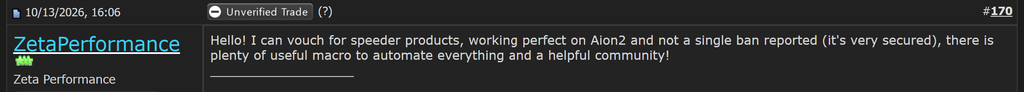 Forum post by ZetaPerformance endorsing macro tools for Aion2 claiming no bans and strong automation support