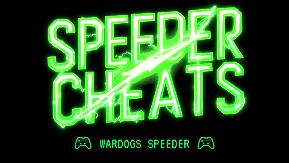 Wardogs Cheats and Hacks Speeder Cheats Neon green logo displaying SPEEDER CHEATS with a diagonal slash set on a black background small WARDOGS SPEEDER text and two game controller icons below